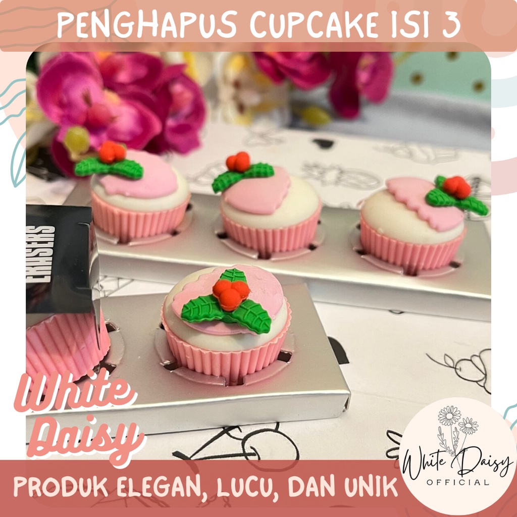 

penghapus cupcake premium isi 3 erasser bentuk makanan manis dessert elegant, lucu, unik, dan imut