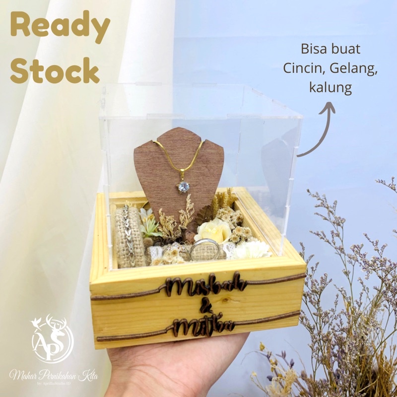 TEMPAT CINCIN  DAN KALUNG | KOTAK PERHIASAN LAMARAN PERNIKAHAN WOODEN DELUXE AQUA RUSTIC ACRYLIC FULL SET 13x13x13,7 cm