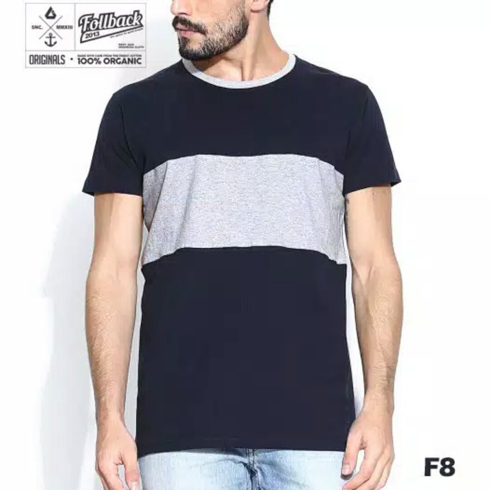 Kaos T-shirt Follback F8  Pakaian Atasan Pria l Navy combi grey misty diskon sale murah terbaru