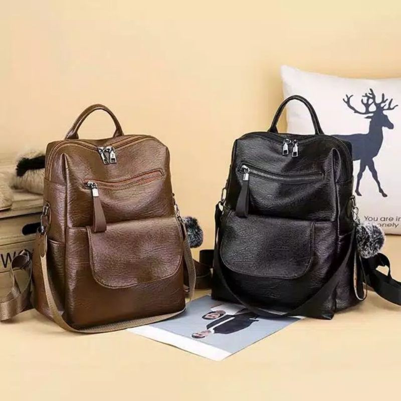 RAJA(COD)✓PROMO BACKPACK SOFT LEATHER KULIT FREE POMPOM FASHION KOREA