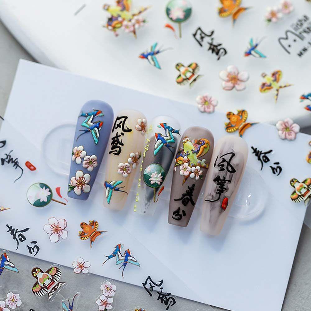 Mxbeauty Stiker Kuku Cina Fashion Perekat Diri Karakter Cina Manicure Aksesoris Festival Bulan Bunga Stiker Kuku