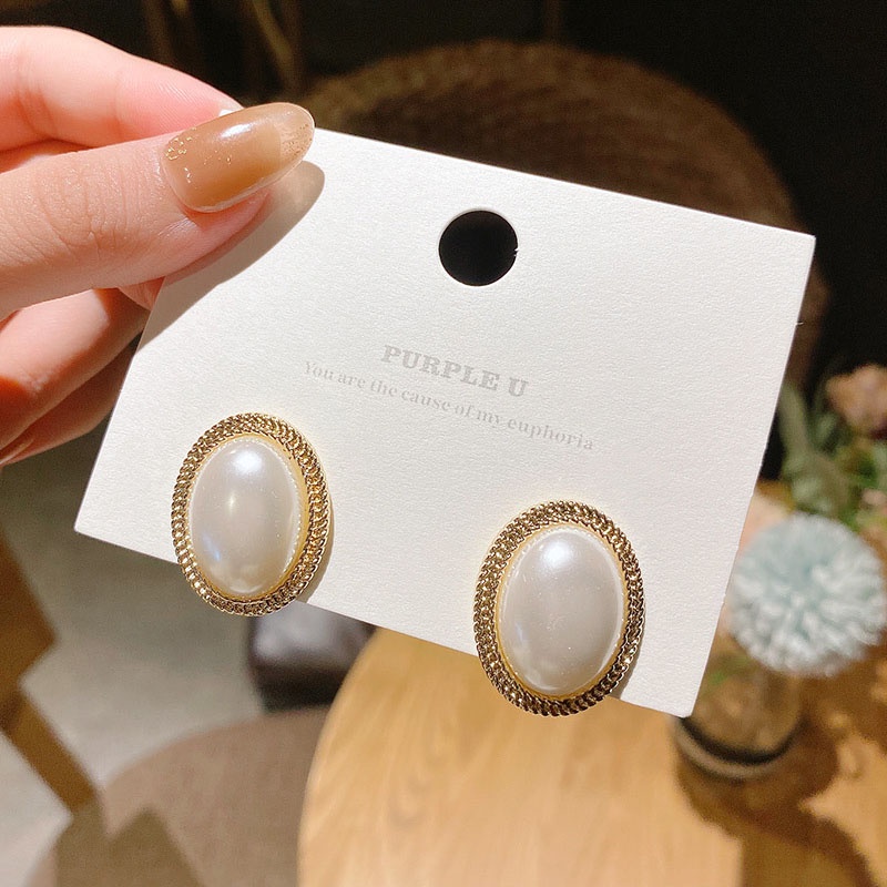 Anting Stud Desain Mutiara Besar Bahan S925 Silver Needle Gaya Retro