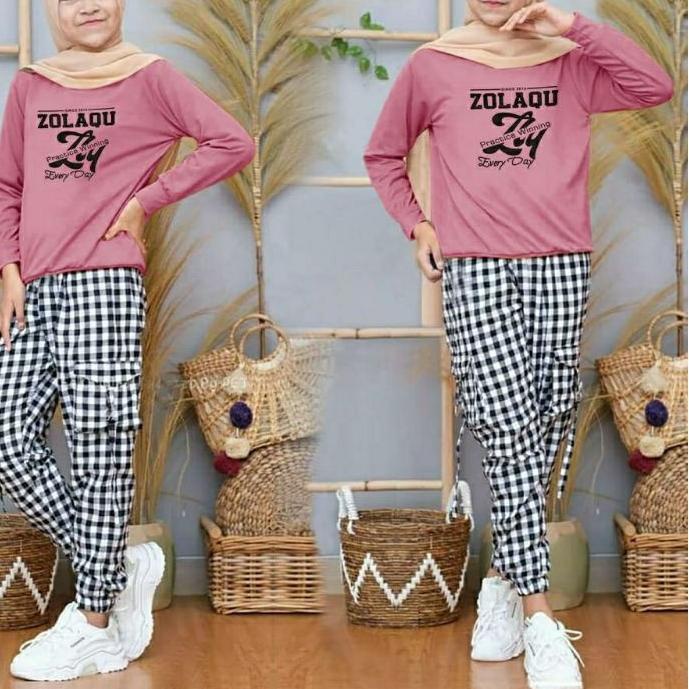 dijashopnew zola one set celana panjang kotak + kaos anak cewek usia 9-13 tahun lengan panjang