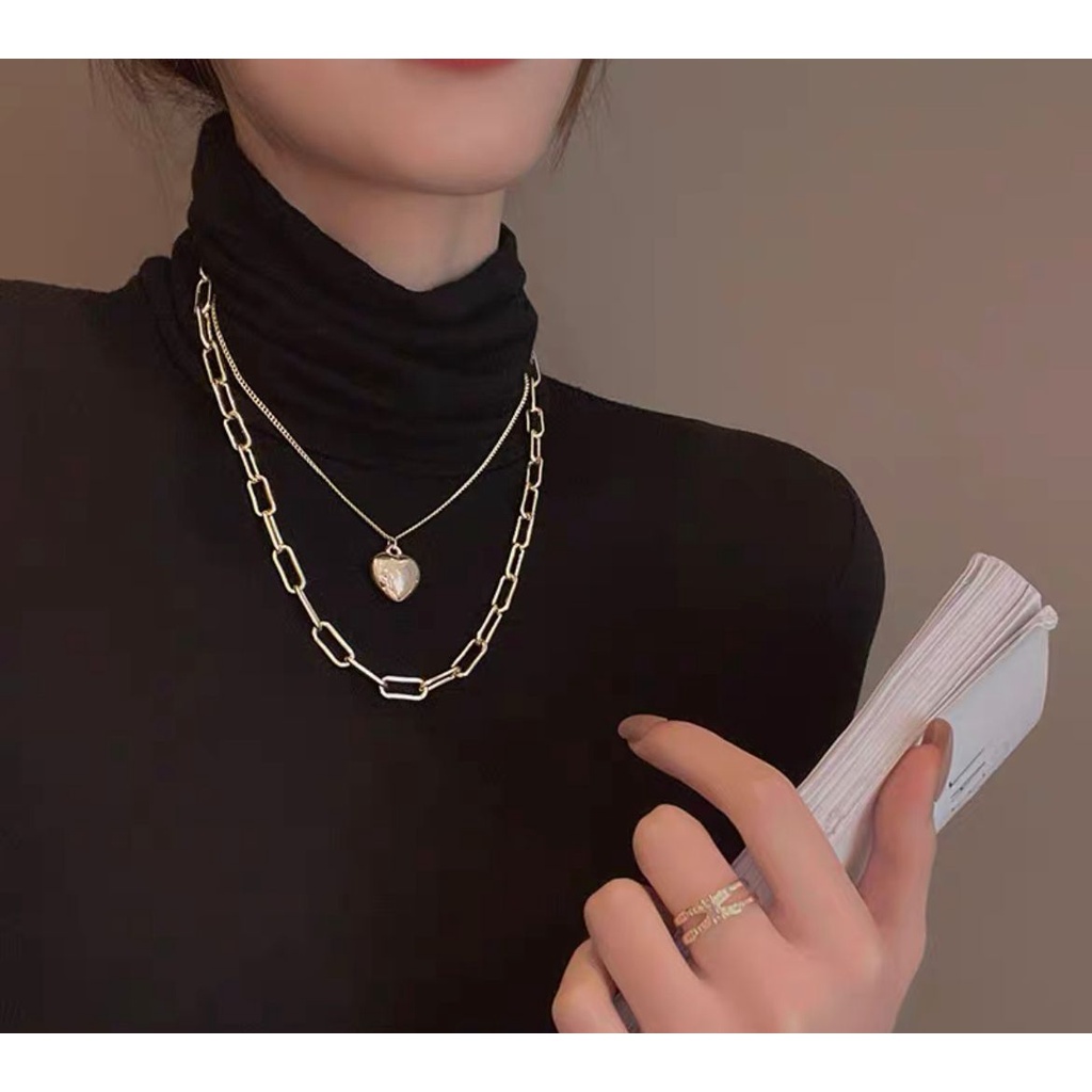 KALUNG RANTAI CHOCKER GAYA FASHION KOREA HIP HOP TITANIUM WARNA GOLD ROSEGOLD SILVER A IMPOR DOUBLE CHAIN WITH HEART LOVE