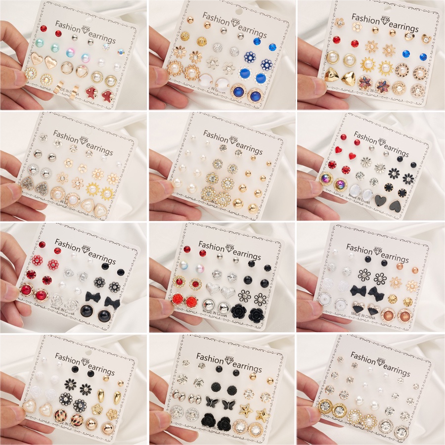 12 Pasang / Set Anting Stud Mutiara Berlian Bentuk Bulat Gaya Korea Untuk Wanita