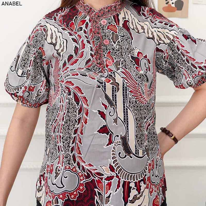 Evercloth Anabel Atasan Batik Wanita Blouse Batik Perempuan Model Lengan Puff Baju Batik Cewek Katun Stretch Premium Batik Couple Family Set Sarimbit Abu Grey Silver