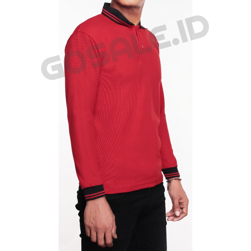 KAOS POLO SHIRT TANGAN PANJANG LAKOS TC MERAH CABE KOMBINASI KERAH HITAM