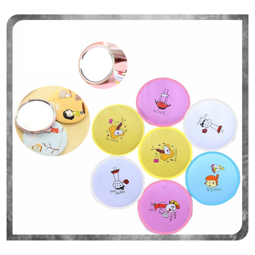Cermin Makeup Gagang Putih / Cermin Make Up Gagang Mini Travel Motif Kartun dan Polos-5