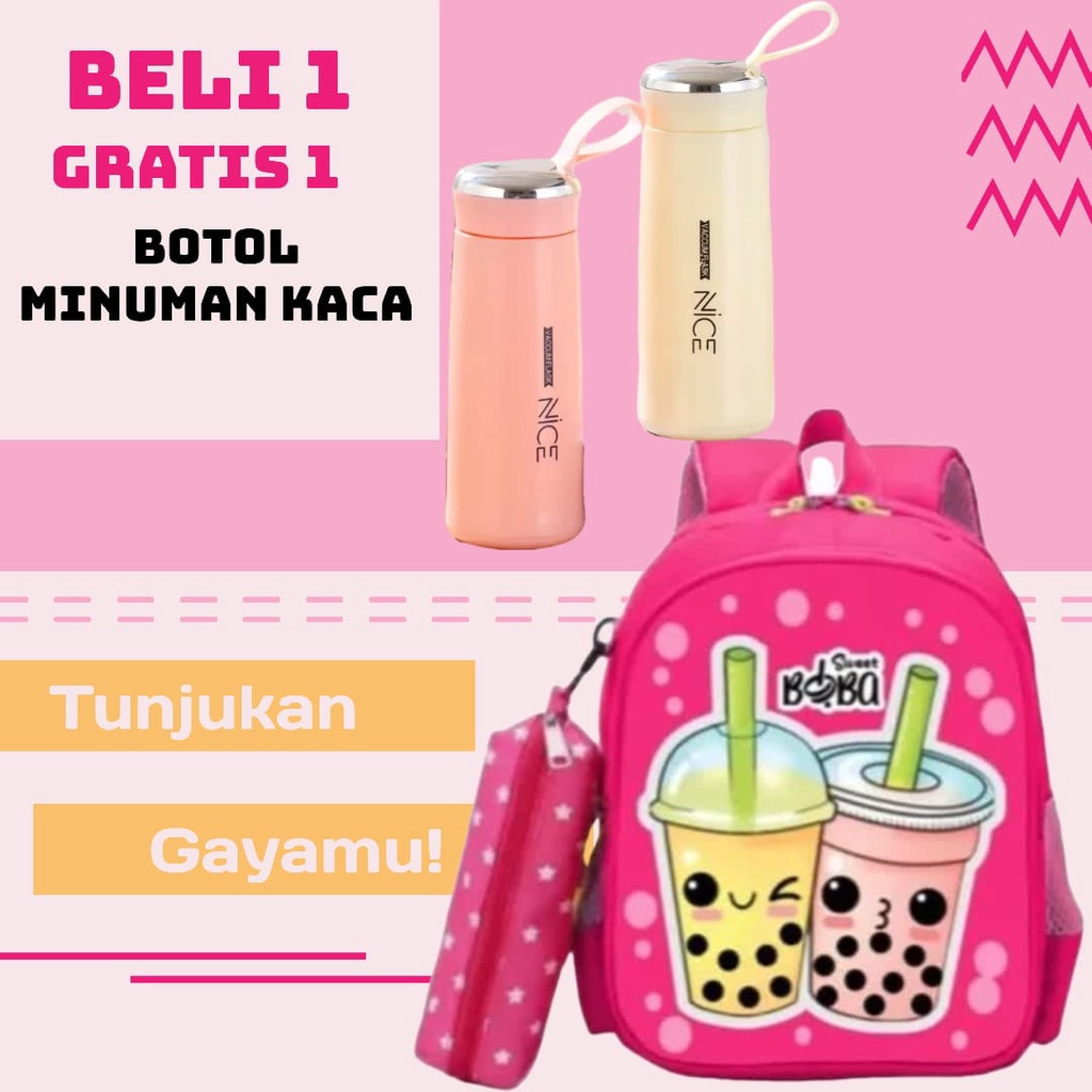 OLSHOPGROSIRBANDUNG - Tas Sekolah Anak Perempuan SD SMP SMA Ransel Kerja ORIGINAL Tas Sekoah Gambar Boba Tas Sekolah Anak Laki-Laki Free Botol Minum Kaca