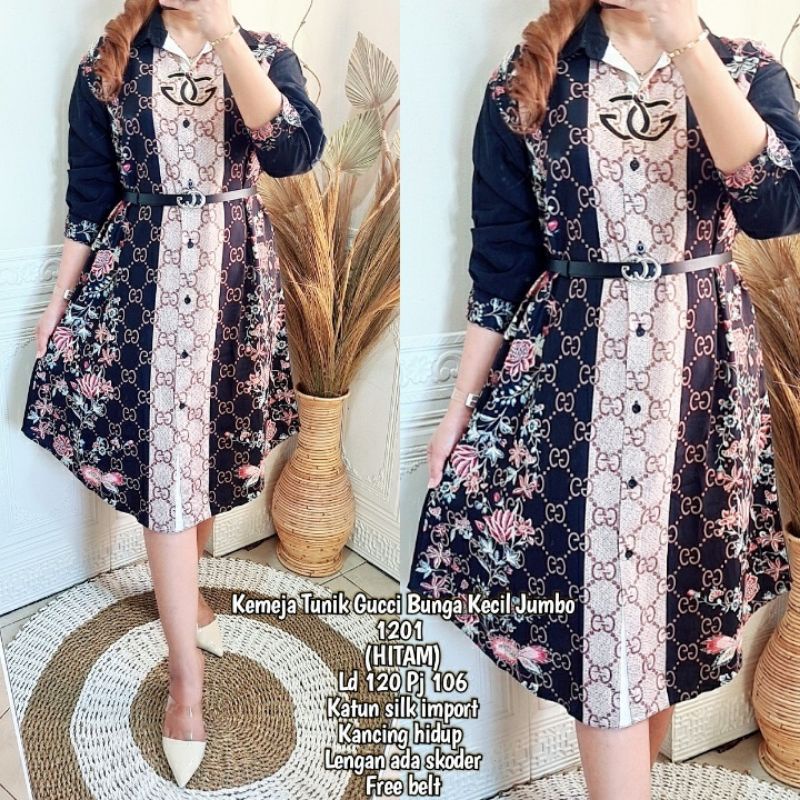 Kemeja wanita jumbo//blouse import/Tunik Gucci//baju motif bunga gratis ikat pinggang