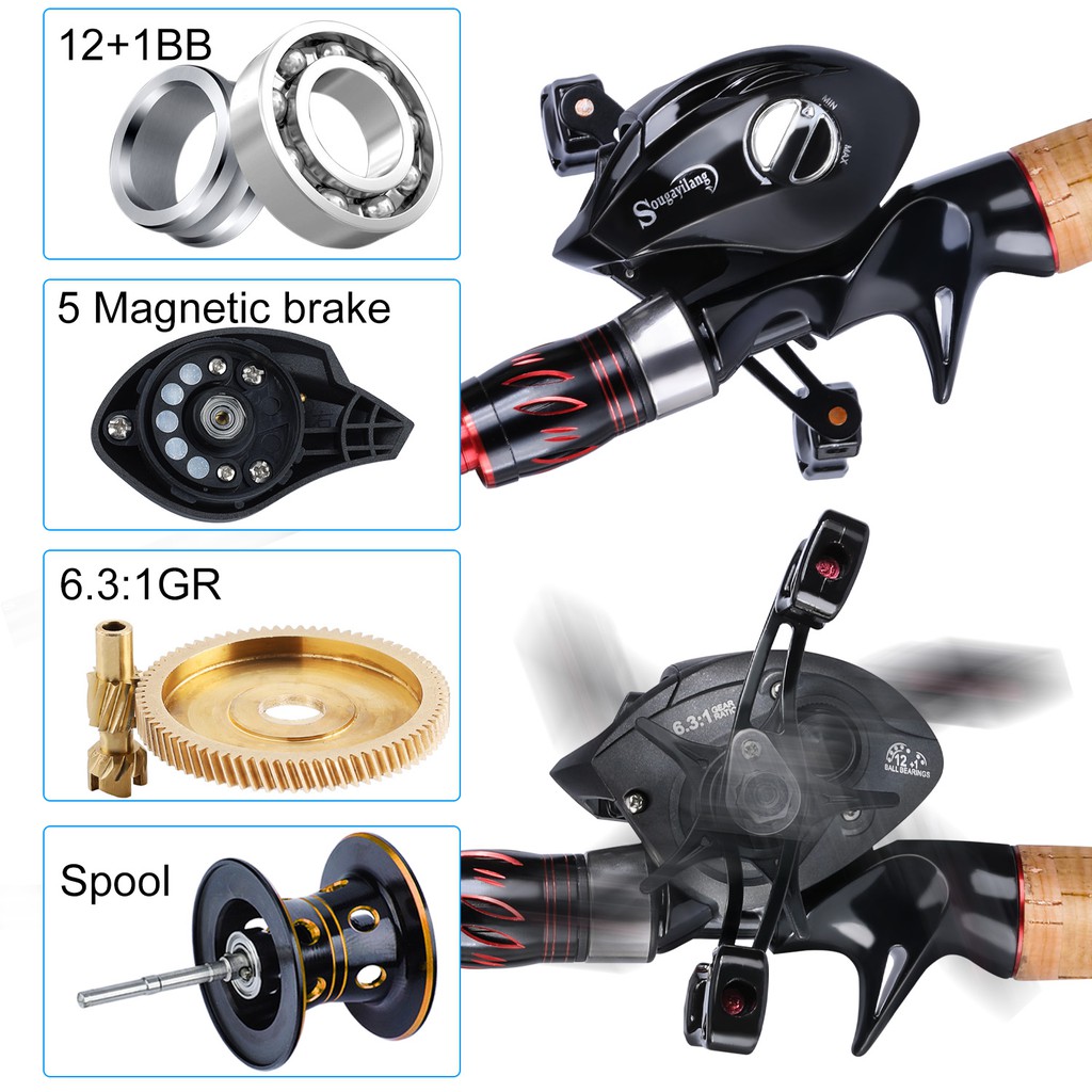 1.65M/5.4FT Casting Fishing Rod Fishing Reel Set 2 Sections Portable Fishing Rod 12+1BB Metal Fishing Reel