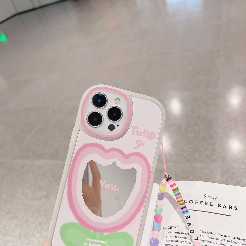 Case Pelindung Desain Bunga Tulip Pink Dengan Rantai Manik-Manik Untuk Iphone 7 8 PLUS XR XS 11 12 13 14 MINI PRO MAX SE 2020