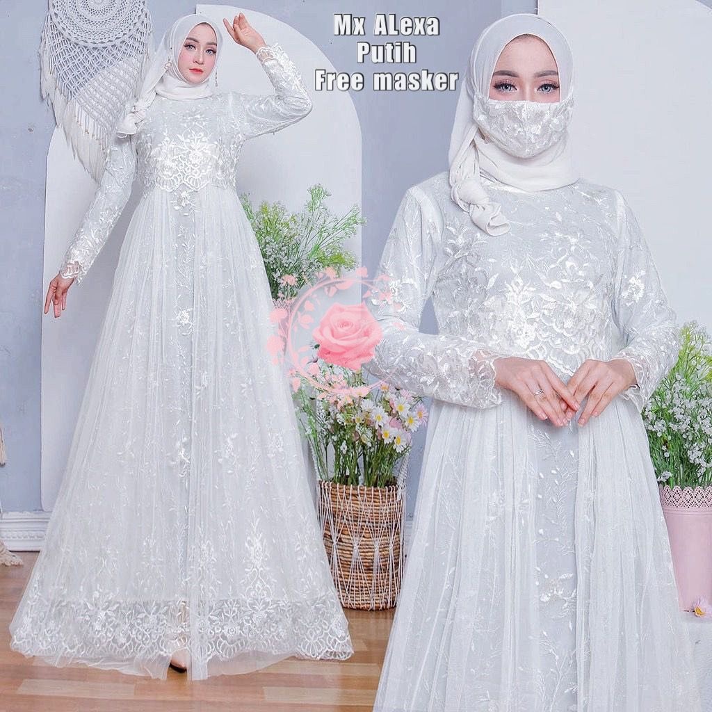Gamis brokat terbaru mewah/ MX ALEXA/ GM Gamis pesta elegan /Gamis putih brukat tile / Dress brukat Tulle organza keliling premium