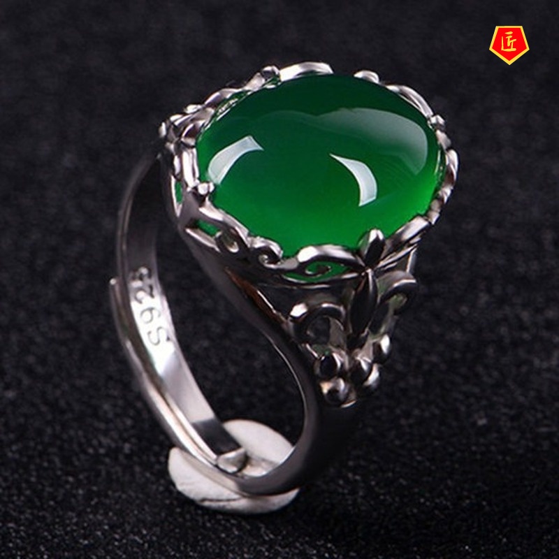 [Ready Stock]Green Agate Crystal Ring for Women Emerald Retro Adjustable