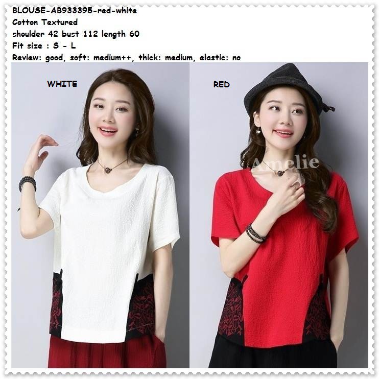 Baju Atasan Bordir Blouse Wanita Korea Import AB933395 Merah Putih Red White