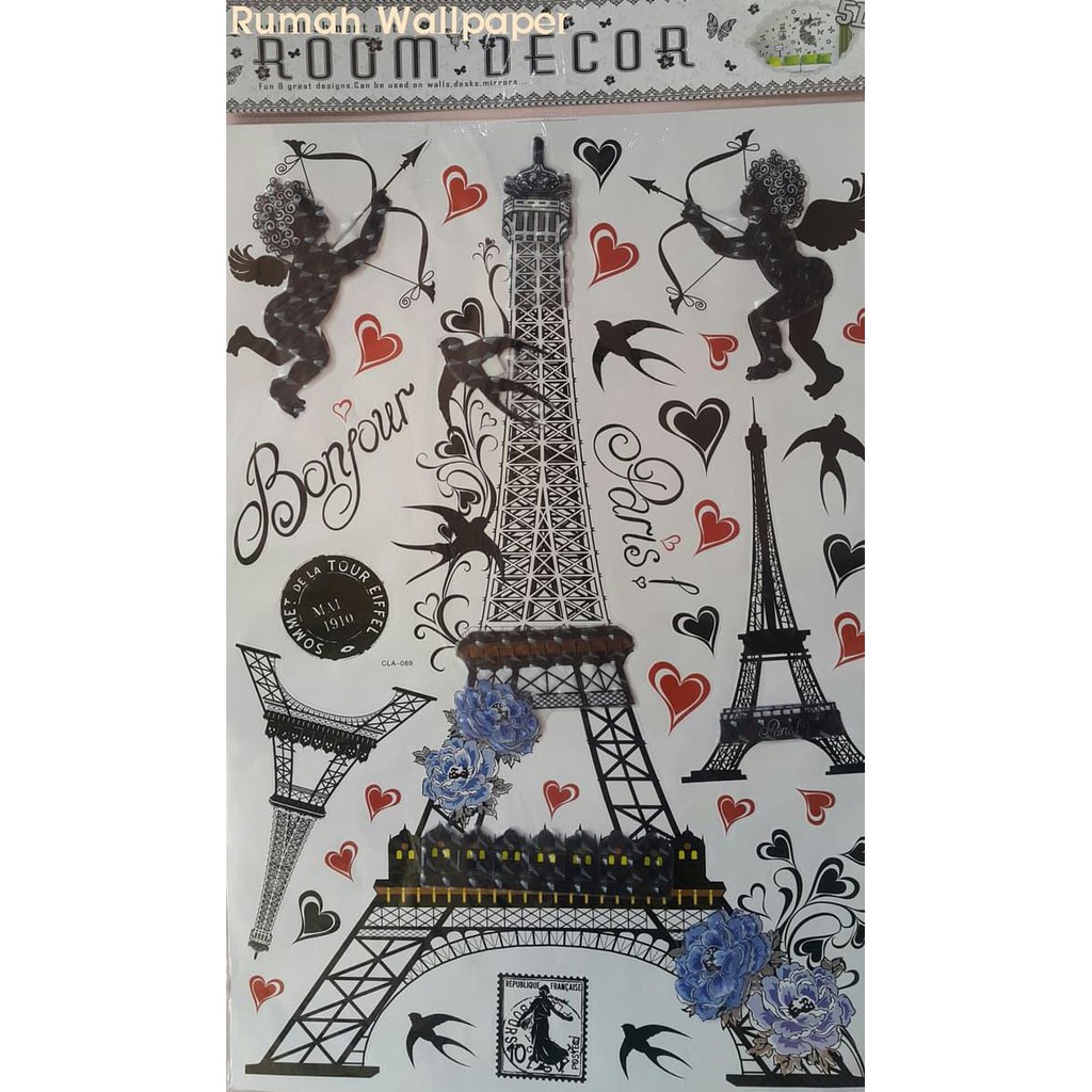 STIKER DINDING WALL STICKERS WALLPAPER 3D BONJOUR PARIS 60X90