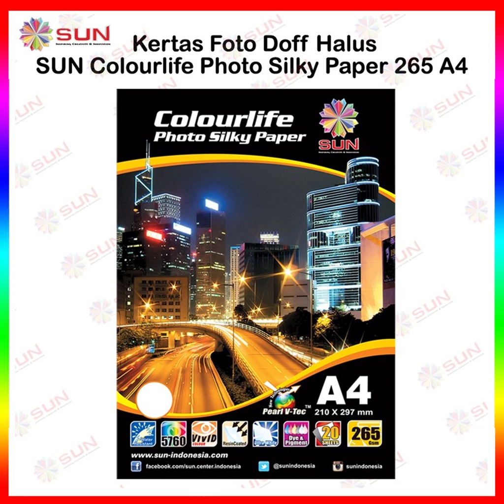 

Kertas Foto Silky Doff A4 - SUN Colourlife Silky Photo Paper A4 ( Support epson/canon/hp/brother ori/dye/pigment/art paper ink - 664, 003, 673, 790, 810, BT5000, GT51 52, dll)