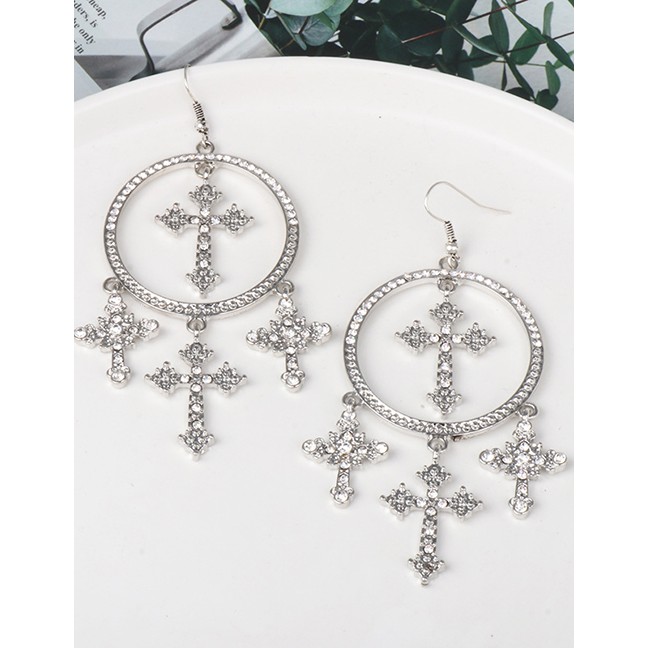 LRC Anting Gantung Fashion Gold Alloy Circle Cross Earrings F6767X