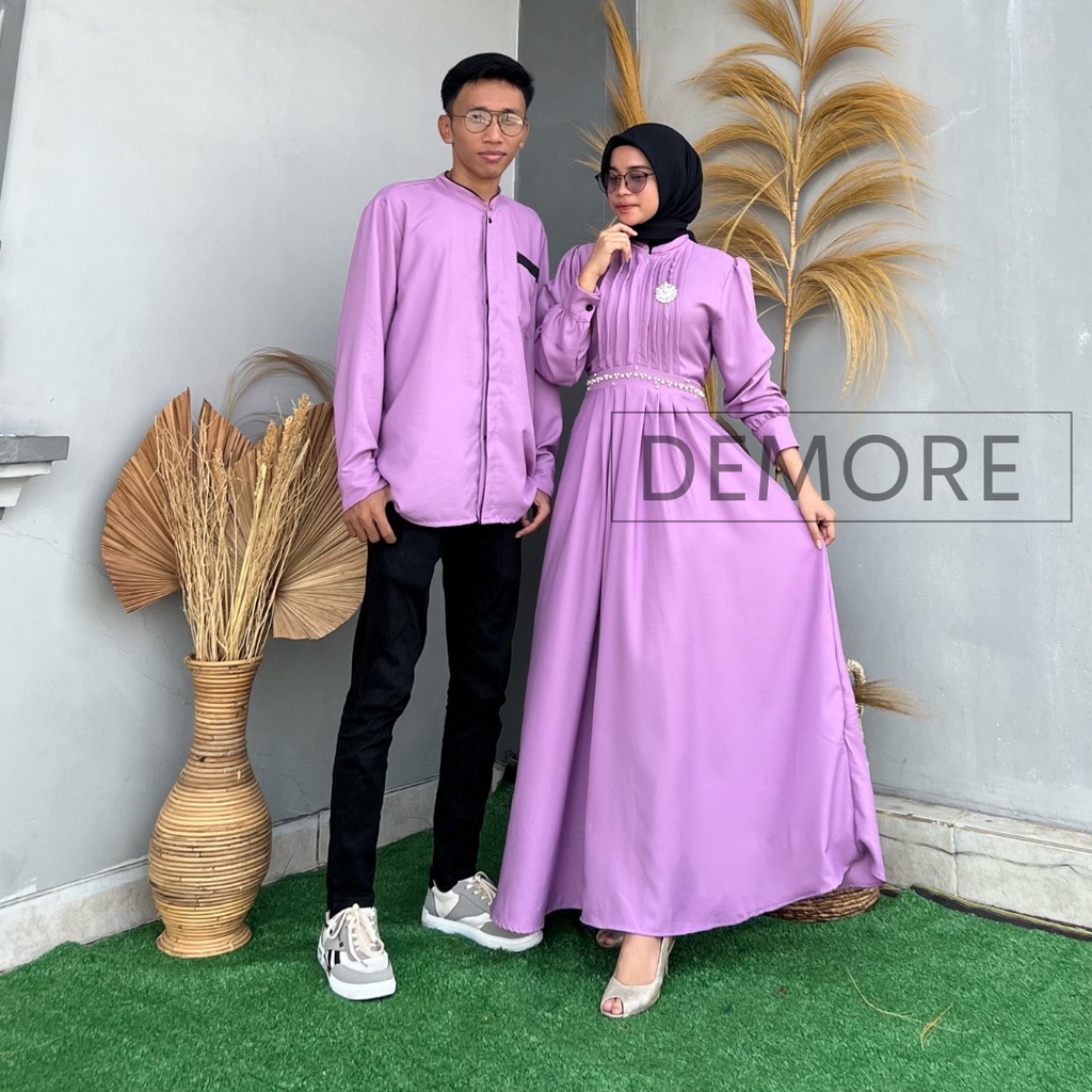 Gamis Couple Pasangan - Baju Couple Kondangan Kekinian - Gamis Couple - Reline Bahan Shakila Stretch Premium DEMORE