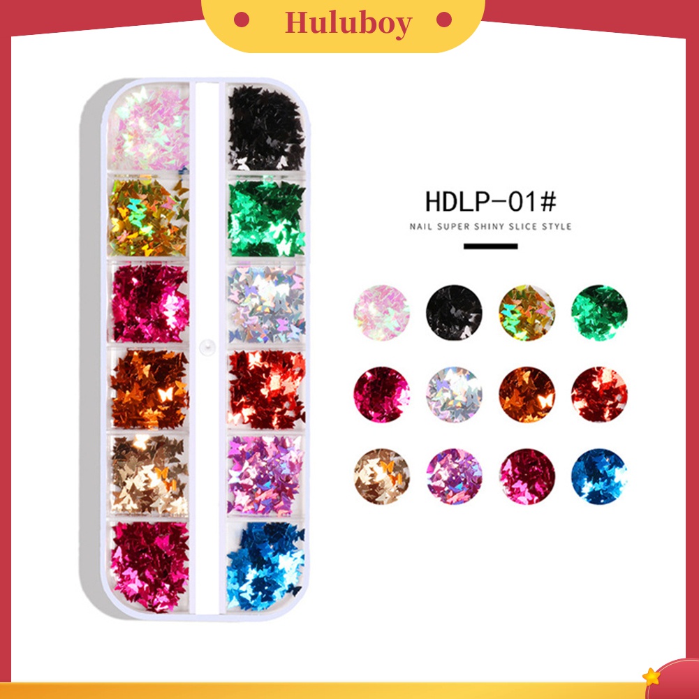 Huluboy Huluboy♡ Stiker Sequin Glitter Kupu-Kupu 12 Warna Untuk Dekorasi Nail Art DIY