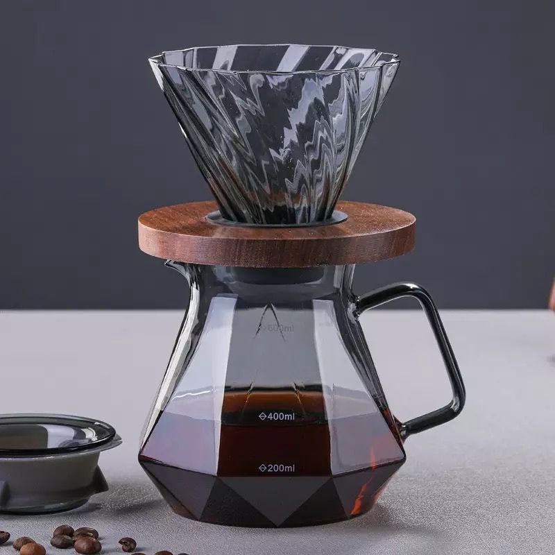 paket coffee pot maker server smoky gray dripper wood walnut / alat kopi set teko server drip kaca smoke grey manual brew V60