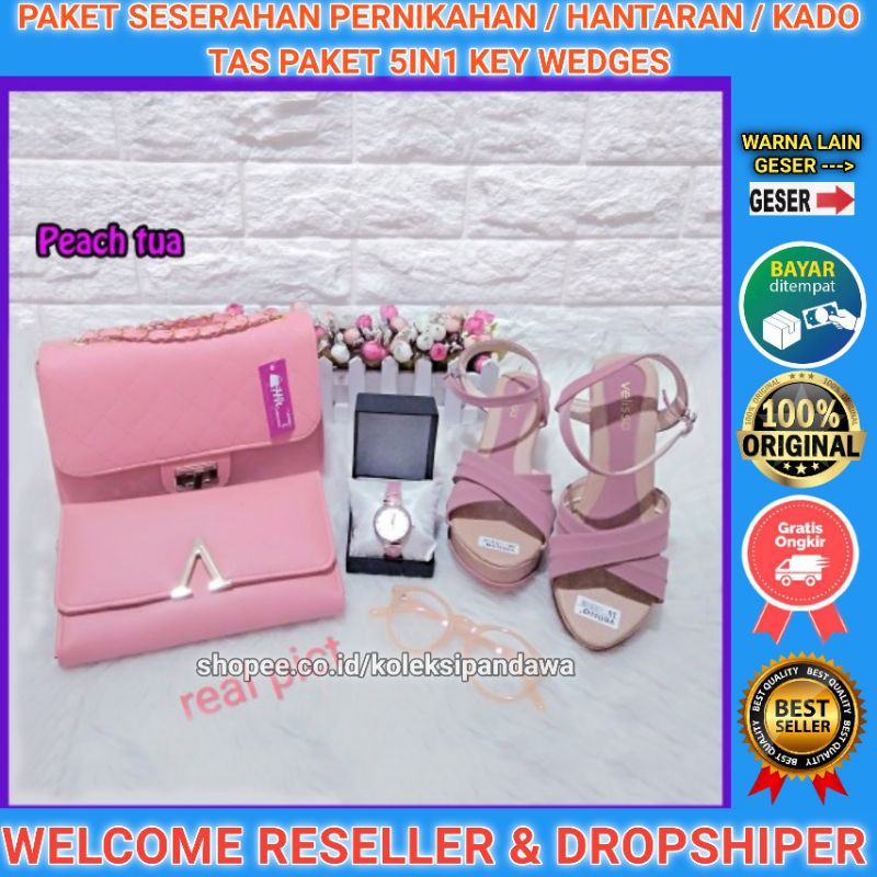 TAS PAKET SESERAHAN PERNIKAHAN JAM TANGAN SENDAL WEDGES DOMPET KACAMATA FASHION SANDAL WEDGES WANITA