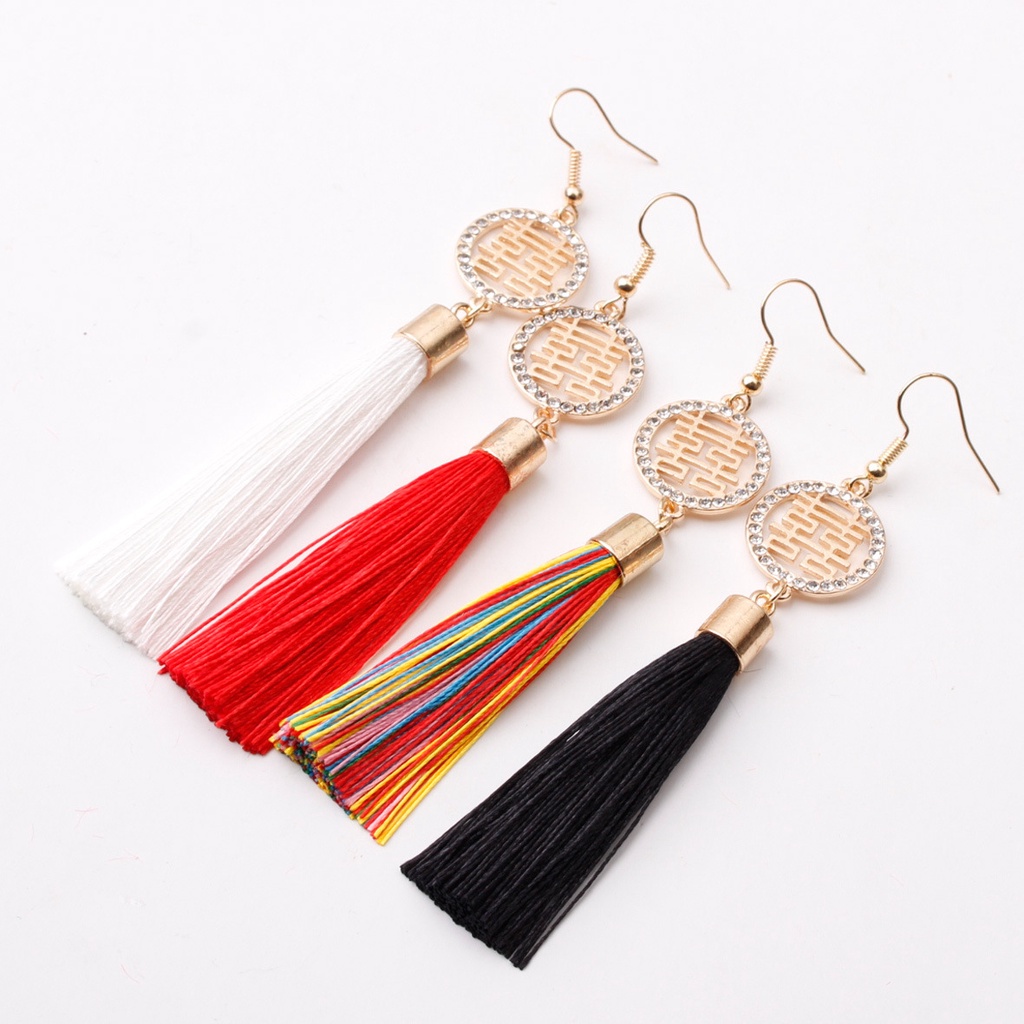 Model gaya Cina gaya retro meriah rumbai anting-anting double happiness panjang anting-anting keprib