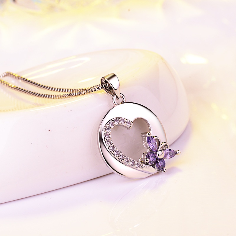 [Ready Stock]Fashion Bowknot Heart Shape with Diamond Pendant Amethyst Necklace