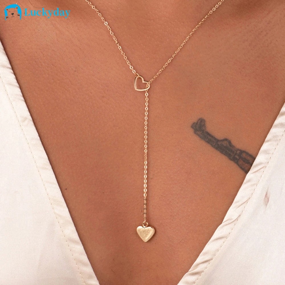 YEEZII Simple Korean Peach Love Heart Gold Necklace Hollow Pendant Adjustable Chain Choker Necklaces Women Jewelry Accessories