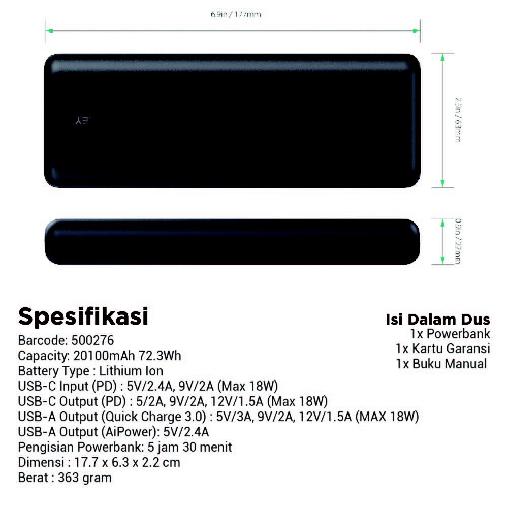 AUKEY PB-XD20 - 20100mAh 3-USB Output Powerbank USB-C PD and QC 3.0 - Powerbank 20100mAh dari AUKEY