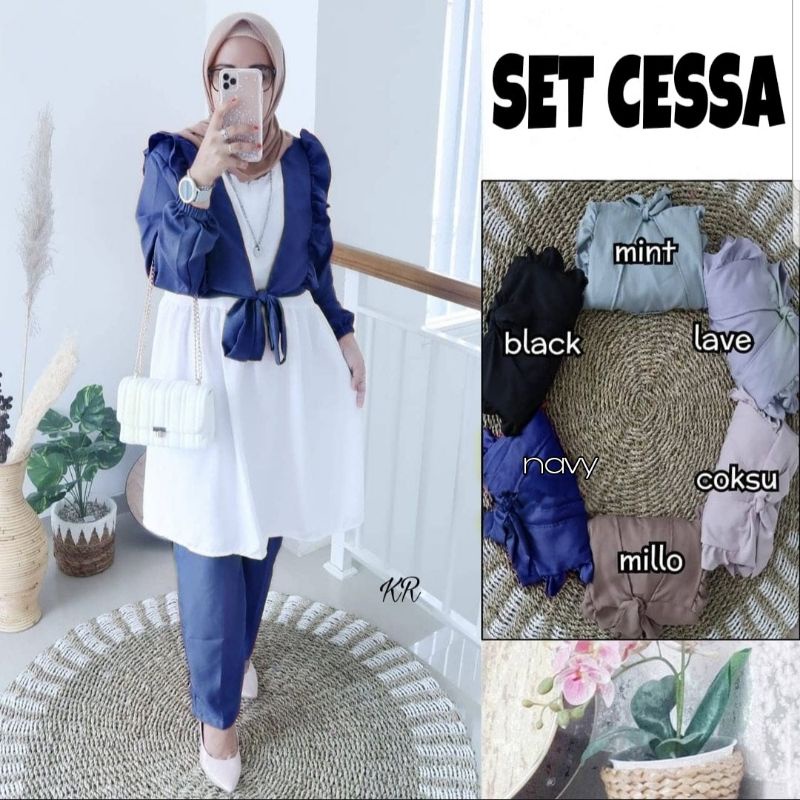 SET CELANA FASHION CESSA 3in1, MOSCREPE PREMIUM, GAMIS HIJAB MUSLIM, OUTER SETELAN