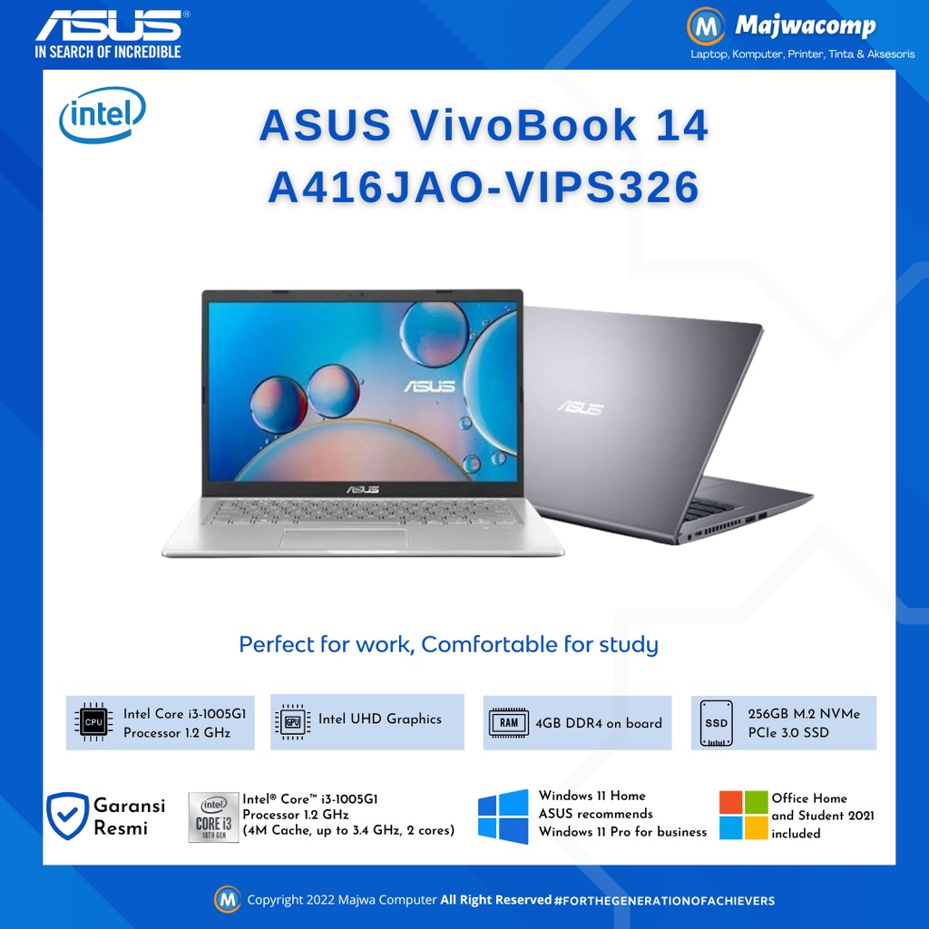 ASUS VivoBook 14 A416JAO-VIPS326 Core i3-1005G1 4GB 256GB 14 W11+OHS