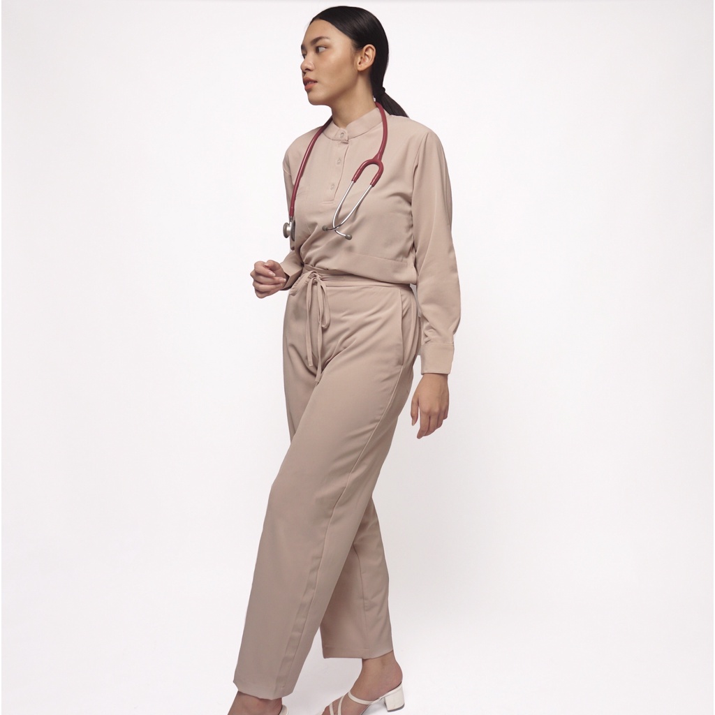 Baju Jaga MLS - CREAM Scrubs on Call Stretchy Lengan Panjang