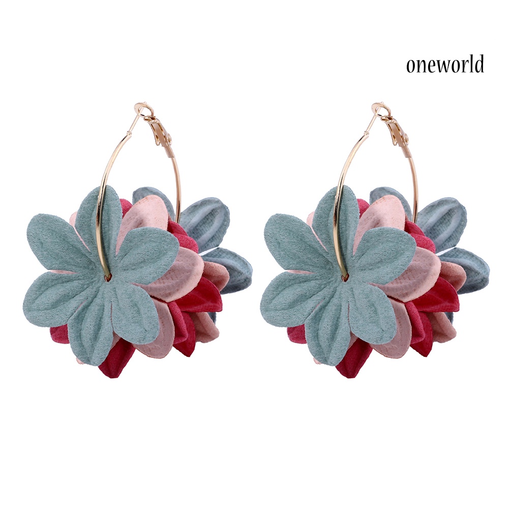 OW@ Fashion Women Flower Pendant Big Circle Drop Hoop Earrings Statement Jewelry