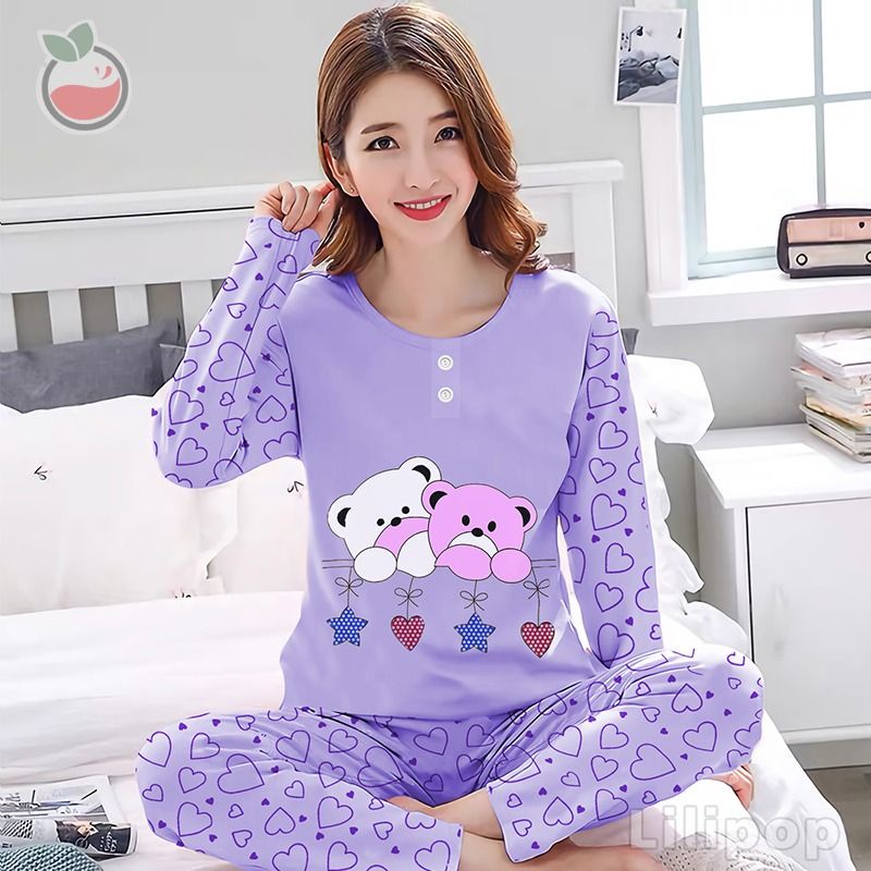 SUNCHERY COD BAJU TIDUR KEKINIAN PP ALL SIZE BAHAN KAOS/BAJU TIDUR PP TERJANGKAU/SLEEPWEAR-TWIN BEAR UNGU