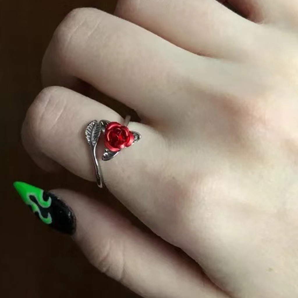 Hu Hu Hu Hu Hu Alat Bantu Pasang Kacamata♡ Cincin Wanita Model Terbuka Adjustable Desain Bunga Mawar Merah + Daun Untuk Valentine