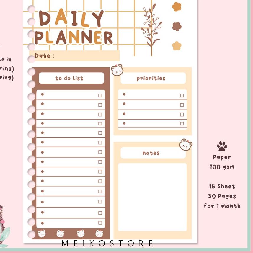 

❄️ [DP-12] Loose Leaf Daily Planner/To Do List - Refill Binder A5 / B5 -15 Lembar by Meiko Store #PR