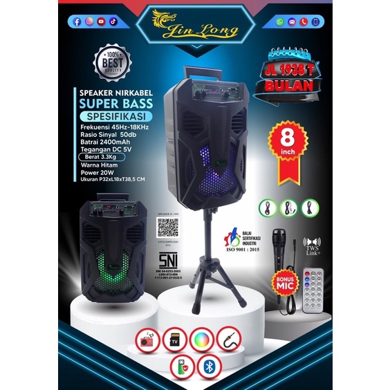 SPEAKER BLUETOOTH 8 inch JL-1938T GRATIS MIC DAN STAND SPEAKER MERK JINLONG