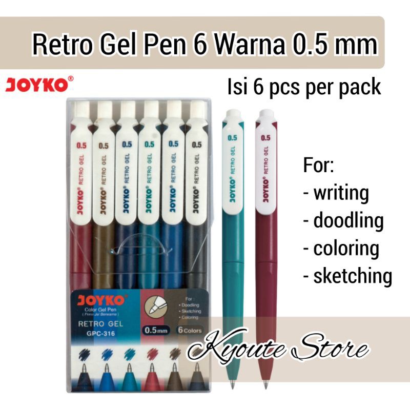 

Joyko Retro Gel Pen Ink Set 6 pcs Pack Writing Doodling Sketch Color