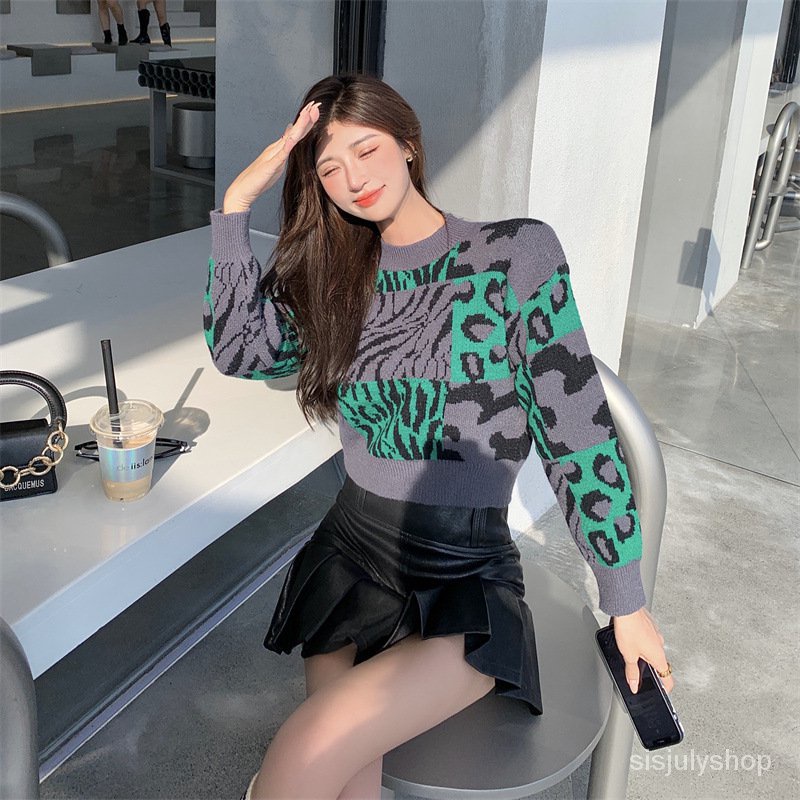Pakaian Rajut Wanita Musim Gugur Dan Musim Dingin Baru Leopard Print Pullover Sweater Rajutan Leher
