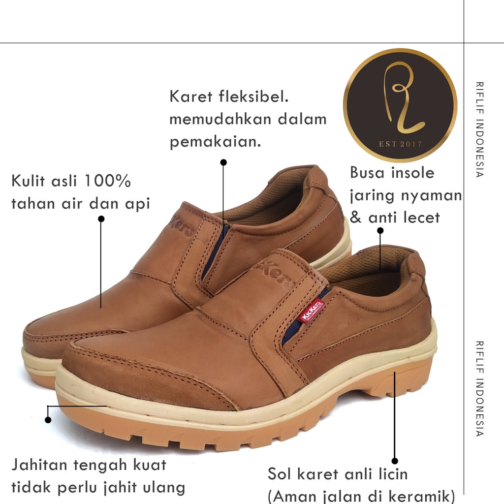 Sepatu Casual Kasual Slip On pria Bahan Kulit Asli 100% Sol Karet untuk Jalan-Jalan Santai / Sepatu Selop Laki-laki Cowok untuk Traveling dan Kerja Lapangan Murah dan Keren