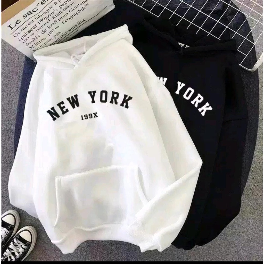 Sweater HOODIE Wanita NEW YORK 199X//Flecee//Allsize Sweater-putih