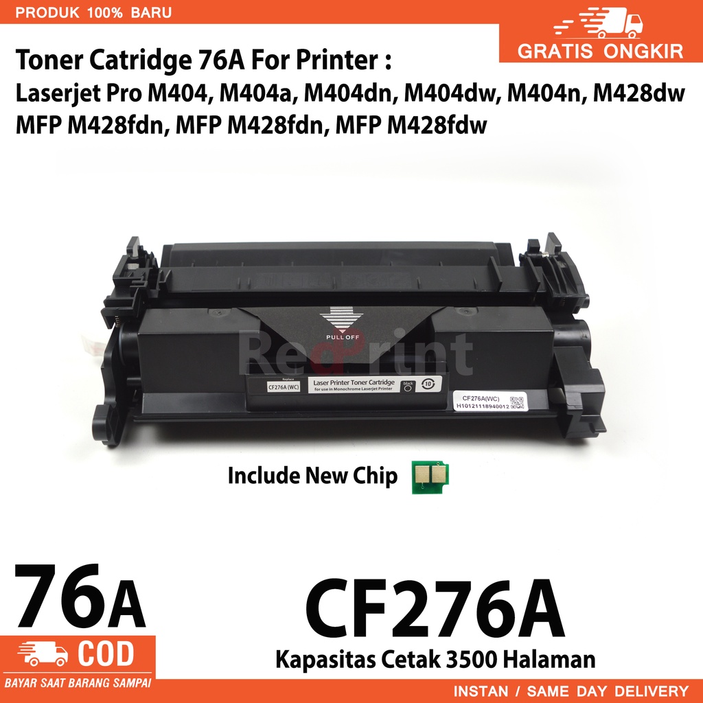 Toner Cartridge 76A Compatible Untuk Printer HPLaserjet Pro M404a, M404dn, M404dw, M404n, M428dw, MFP M428fdn, MFP M428fdn, MFP M428fdw, Cartridge CF276A Plus chip