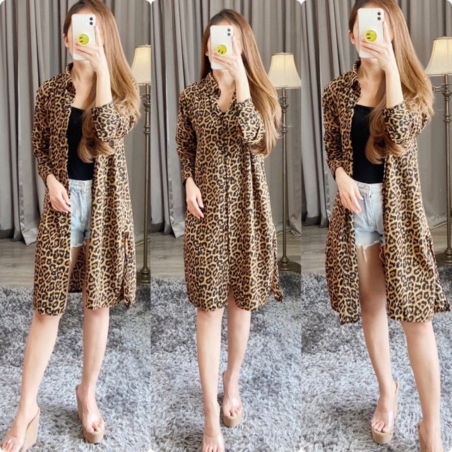 Long kemeja macan tutul / dress kemeja leopard ( free tali belt bahan ) K 8468