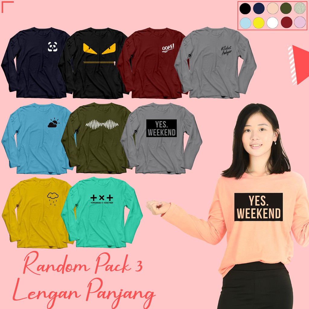 (RS) BAJU KAOS LENGAN PANJANG KATUN COMBED 30S MOTIF RANDOM FOR CEWEK TUMBLR - YELONIX