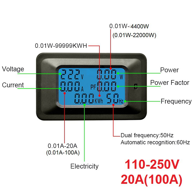 Watt KWH Meter Power Monitor Daya Digital Multifungsi 20A 100A 110 220V Wattmeter Voltmeter Ammeter