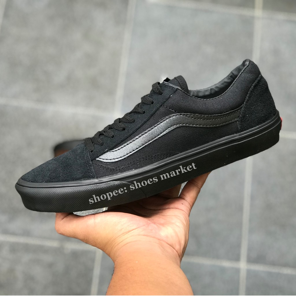 VANS OLDSKOOL ALL BLACK  FULL HITAM WAFFLE DT