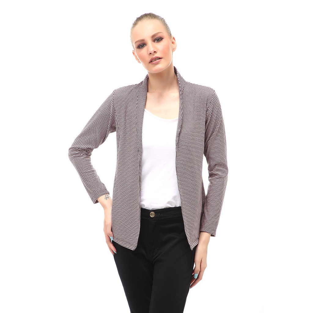 Blazer Wanita Lengan Panjang Outerwear Motif Kotak-Kotak Design Casual - Pink