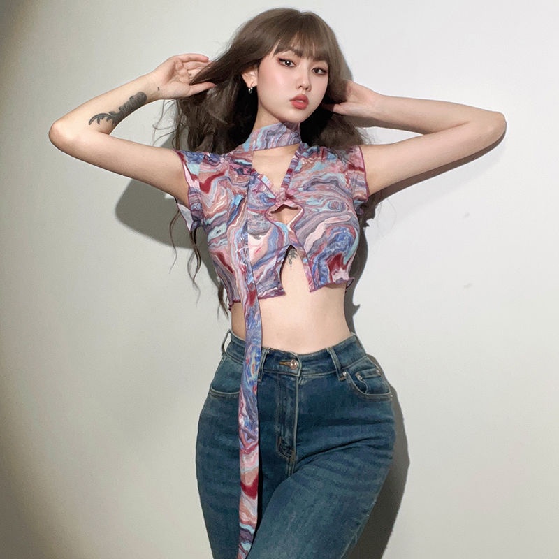 Prove kekinian atasan crop top summer colorful girly heart short-sleeved T-shirt women s collar slimming all-match short top crop top baju import kaos wanita korean style