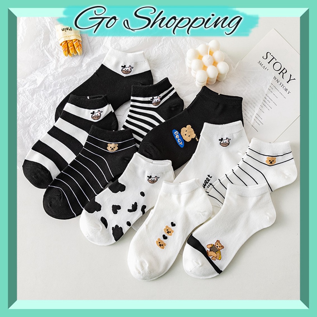 GO! KK825 Kaos Kaki Wanita Pria Pendek Unisex Semata Kaki Ankle Motif Garis hitam Socks Korean